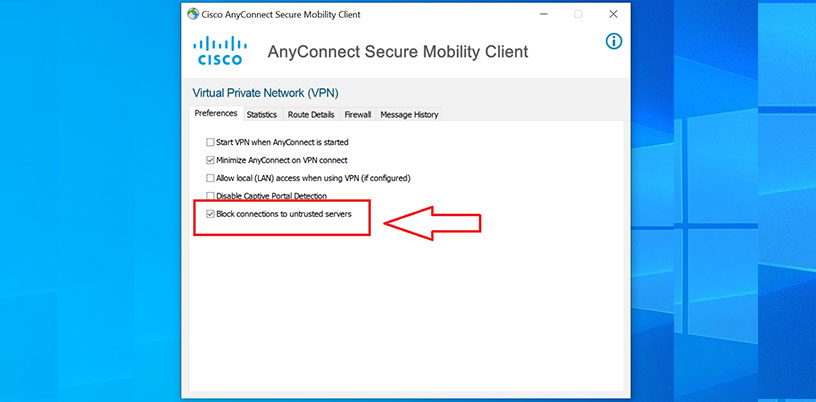 blockuntrusted در cisco anyconnect ویندوز
